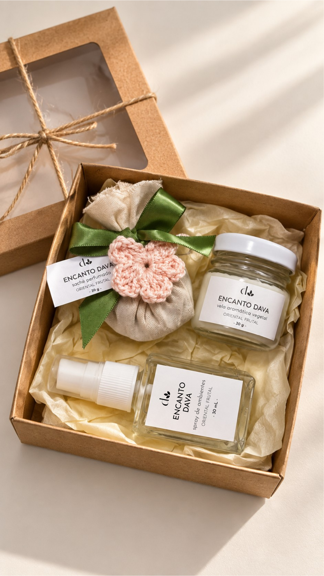 Kit Toque de Carinho - Mini Vela Aromatica, Mini Spray para Ambientes, Sachê Perfumado